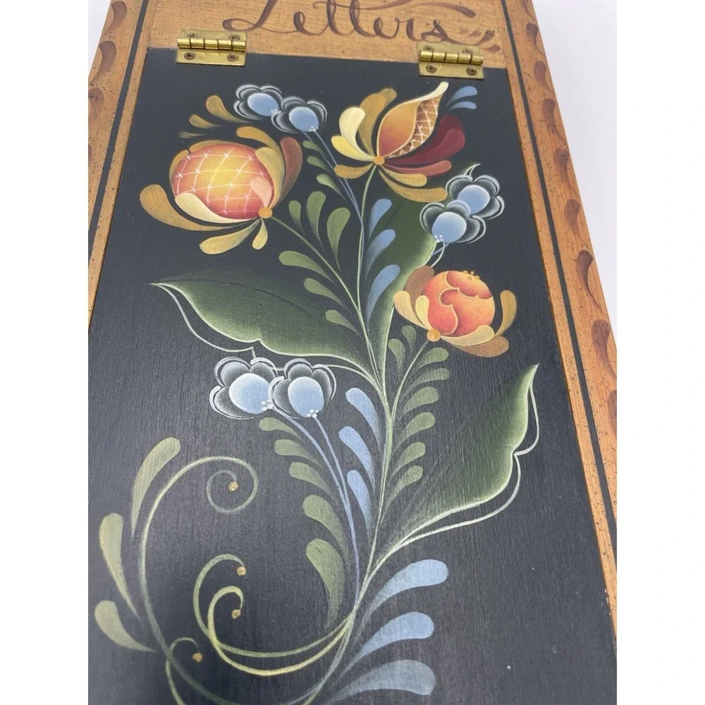 Hand Made Hand Painted  Floral Tole Folk Art Wooden Letter Box‎ Artist Signed